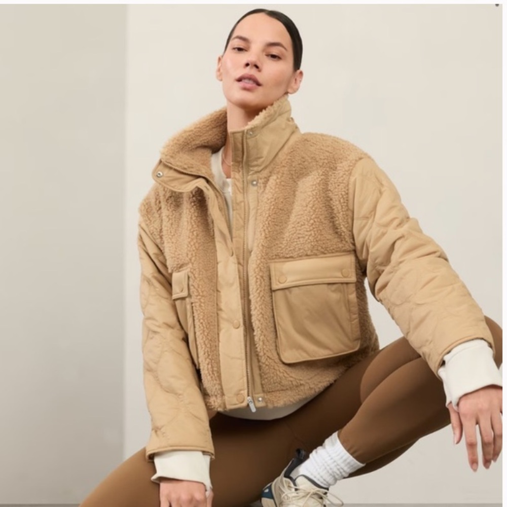 ATHLETA Tan Quilted Fleece Hybrid Sherpa Jacket - NEW - LARGE - Picture 1 of 13